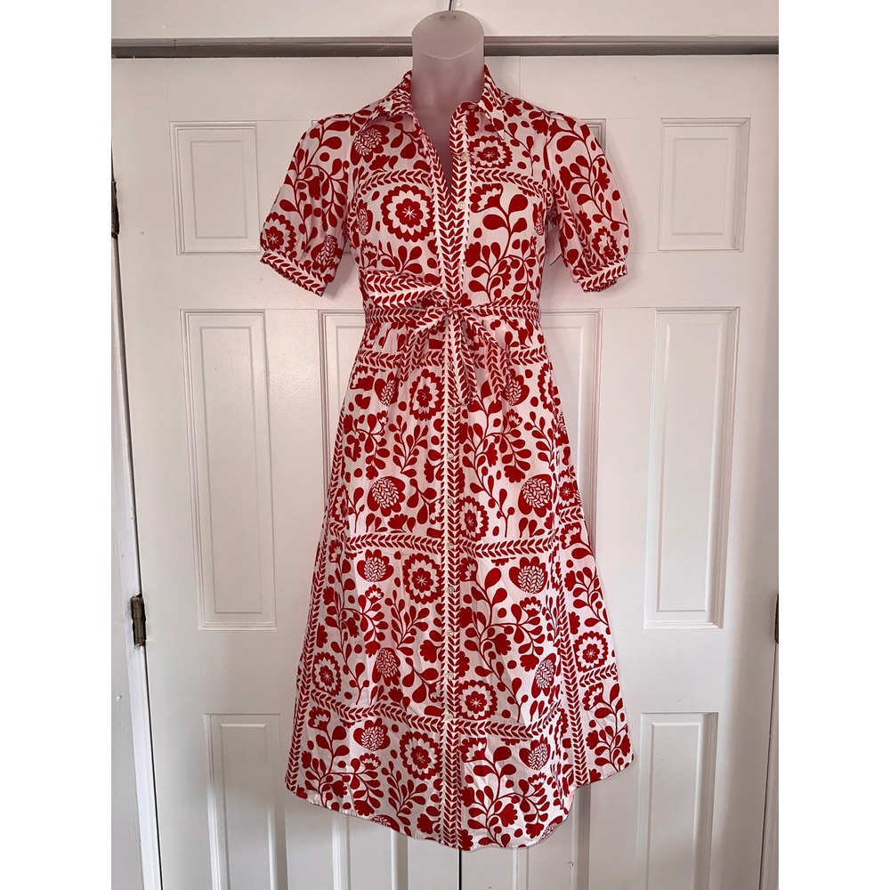 Boden Alexa Maxi Shirt Dress Red White Floral Block Print Cotton US 4 - Picture 2 of 5